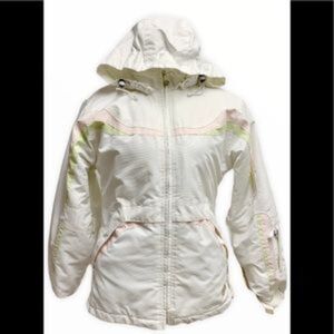 Bongo white winter ski jacket coat green pink detachable hood Sz S